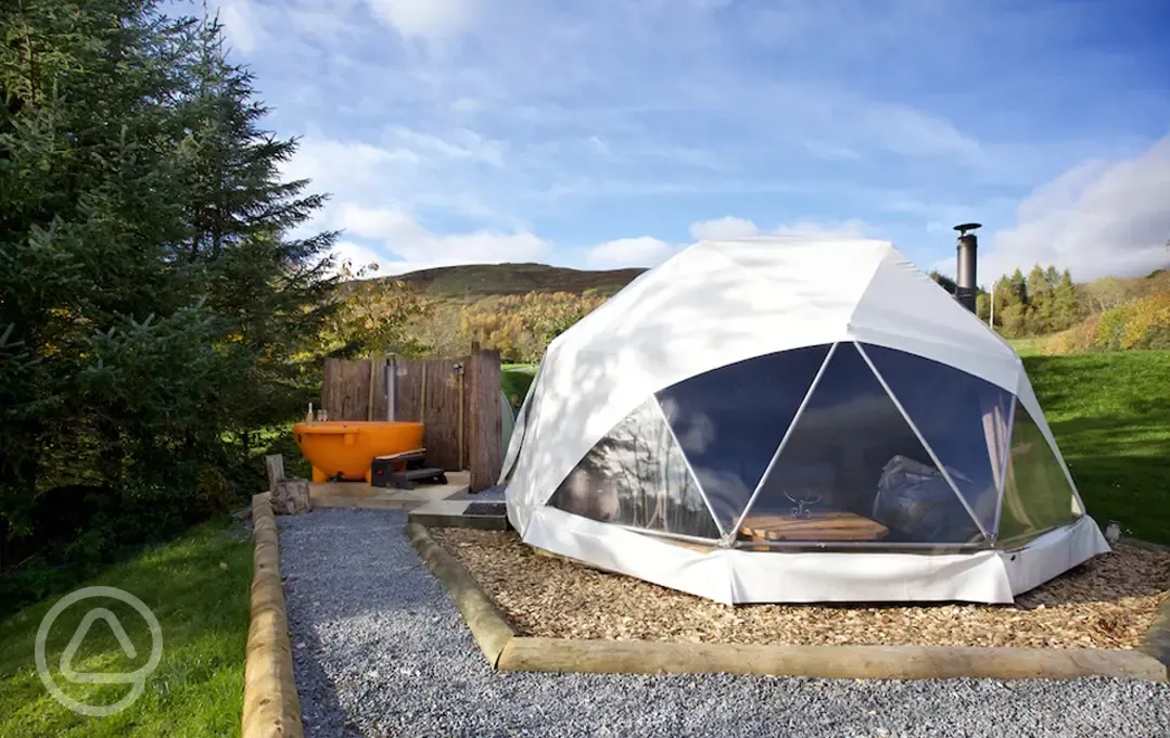 Camping dome with hot tub