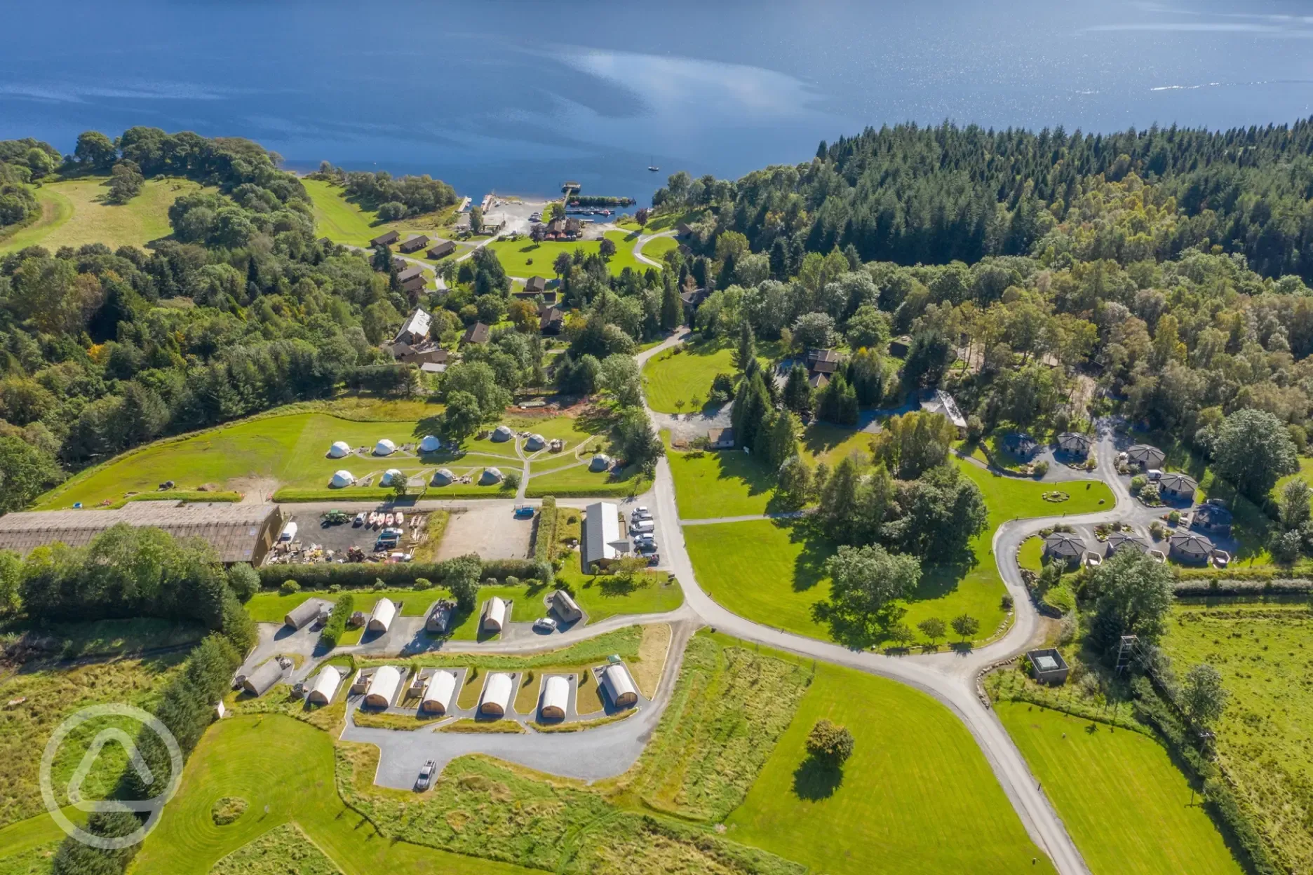 Aerial of the site with distant views of Loch Tay