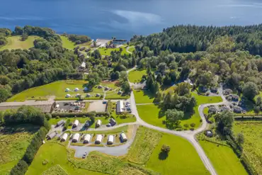 Aerial of Loch Tay Highland Lodges with views towards Loch Tay
