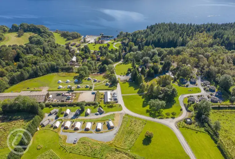 Aerial of the site with distant views of Loch Tay