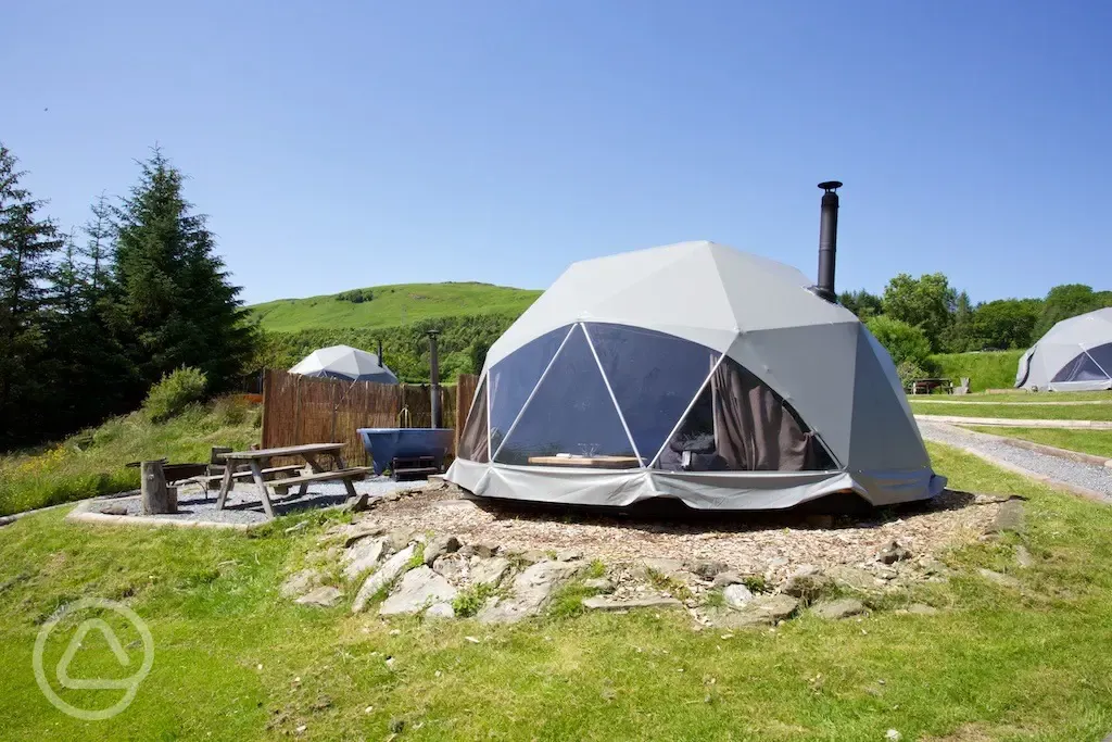 Camping dome with hot tub