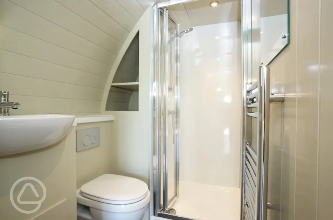 Shower, toilet, and towel rain in superior ensuite pod