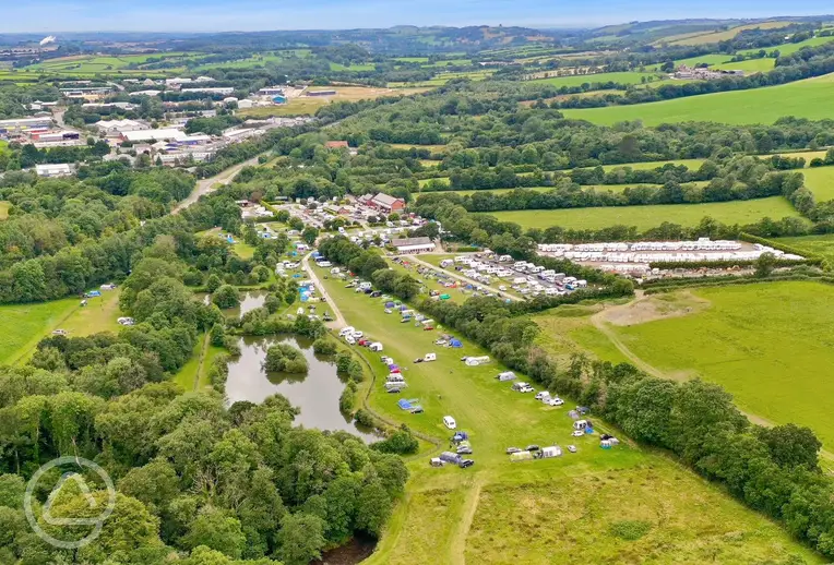 Aerial of Riverside Caravan and Camping Park with fishing lakes