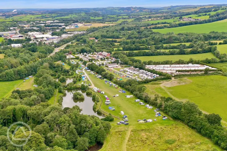 Aerial of Riverside Caravan and Camping Park with fishing lakes