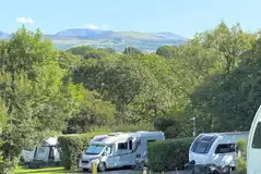Electric grass pitches with mountain views and hedging for privacy