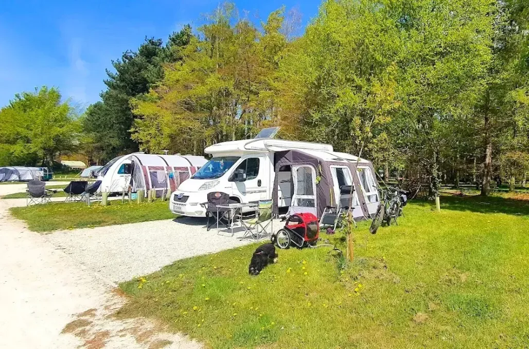 Motorhomes and caravans on electric hardstanding pitches with awnings Motorhomes and caravans on electric hardstanding pitches with awnings