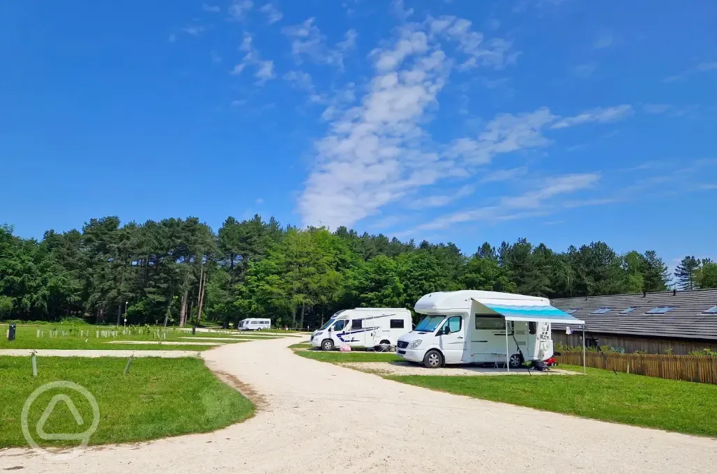 Motorhomes on electric hardstanding pitches at Sherwood Pines Campsite Motorhomes on electric hardstanding pitches at Sherwood Pines Campsite