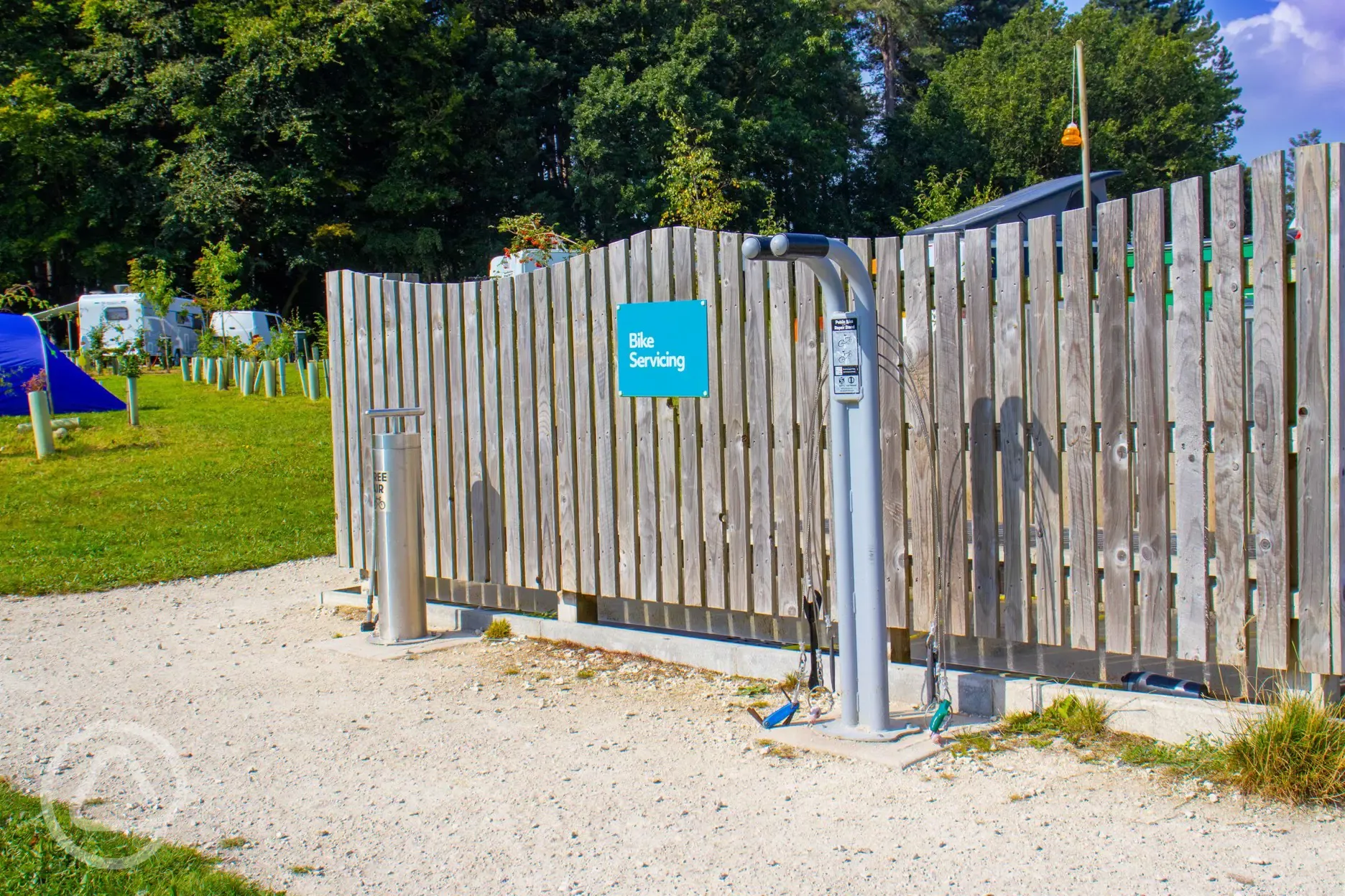 Bike service area with pressurized air pump for tires at Sherwood Pines Campsite Bike service area with pressurized air pump for tires at Sherwood Pines Campsite