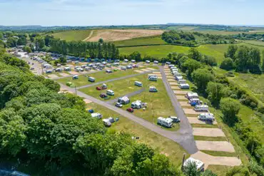 Aerial of Portesham Dairy Farm Campsite with grass and hardstanding pitches