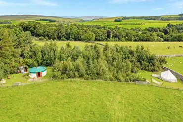 Aerial of the glamping units at Low Greenside Farm Campsite