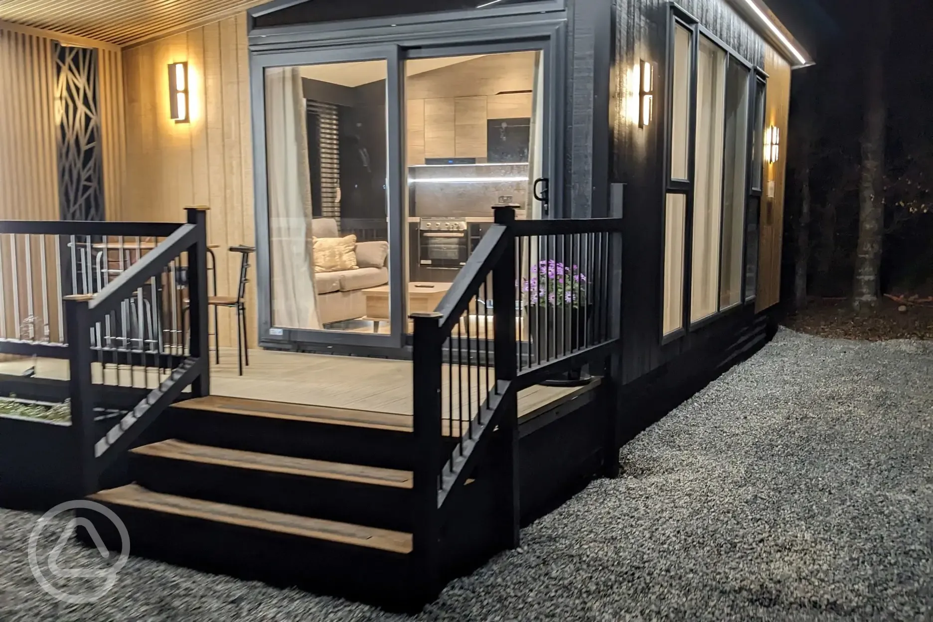 Static caravan at night