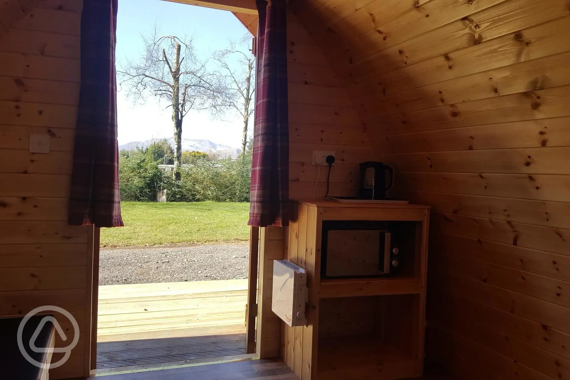 Camping pod interior and outdoor view