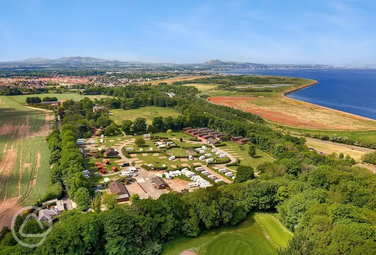 Aerial view of Drummohr Camping and Glamping Site with views towards Edinburgh