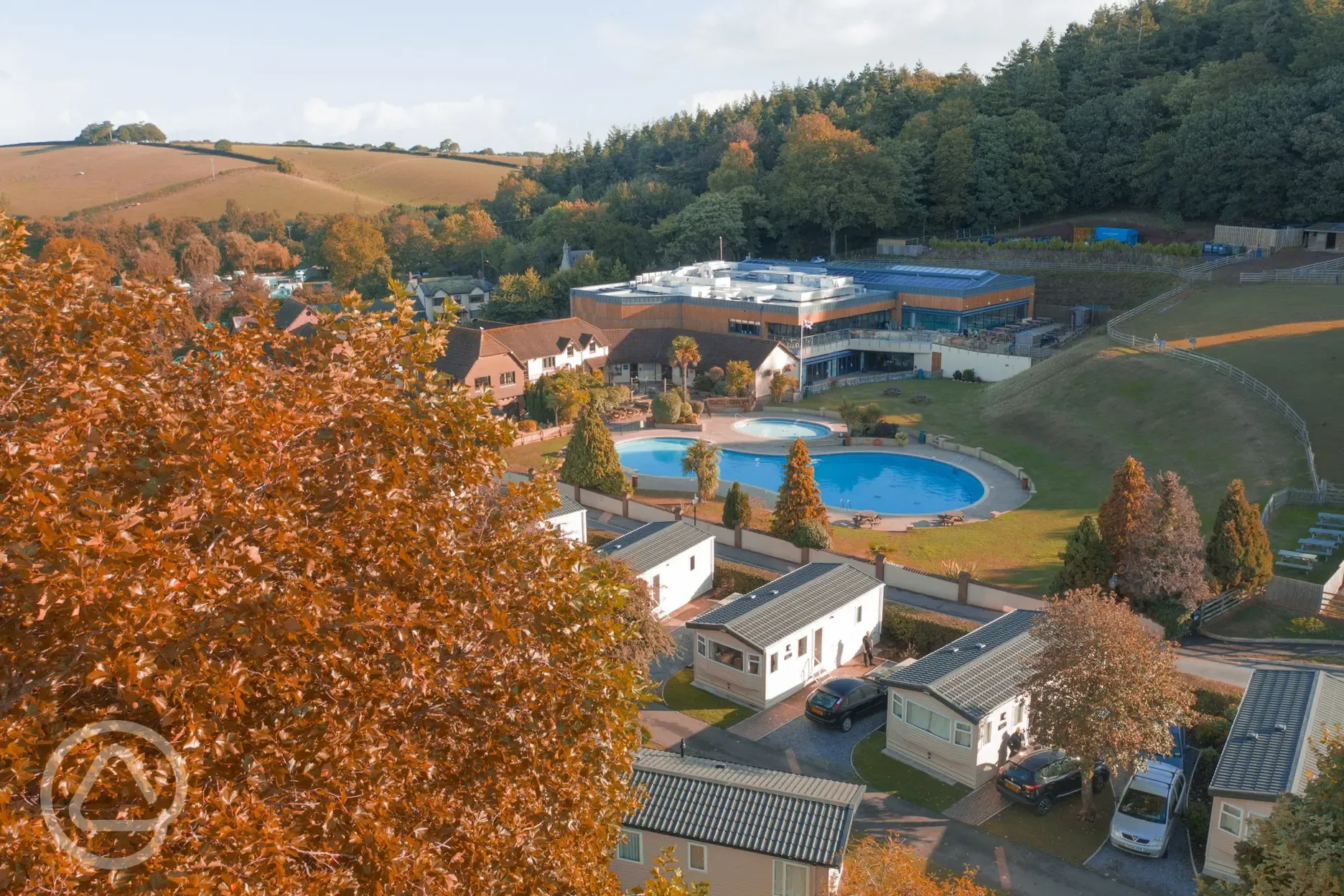 Aerial of the campsite and outdoor swimming pool