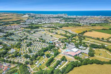 Aerial view of Hendra Holiday Park overlooking the beaches at Newquay