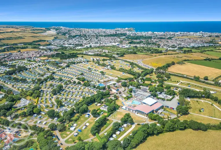 Aerial view of Hendra Holiday Park overlooking the beaches at Newquay