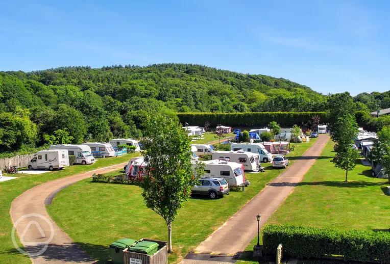 Aerial view of the grass and hardstanding pitches at River Valley Holiday Park