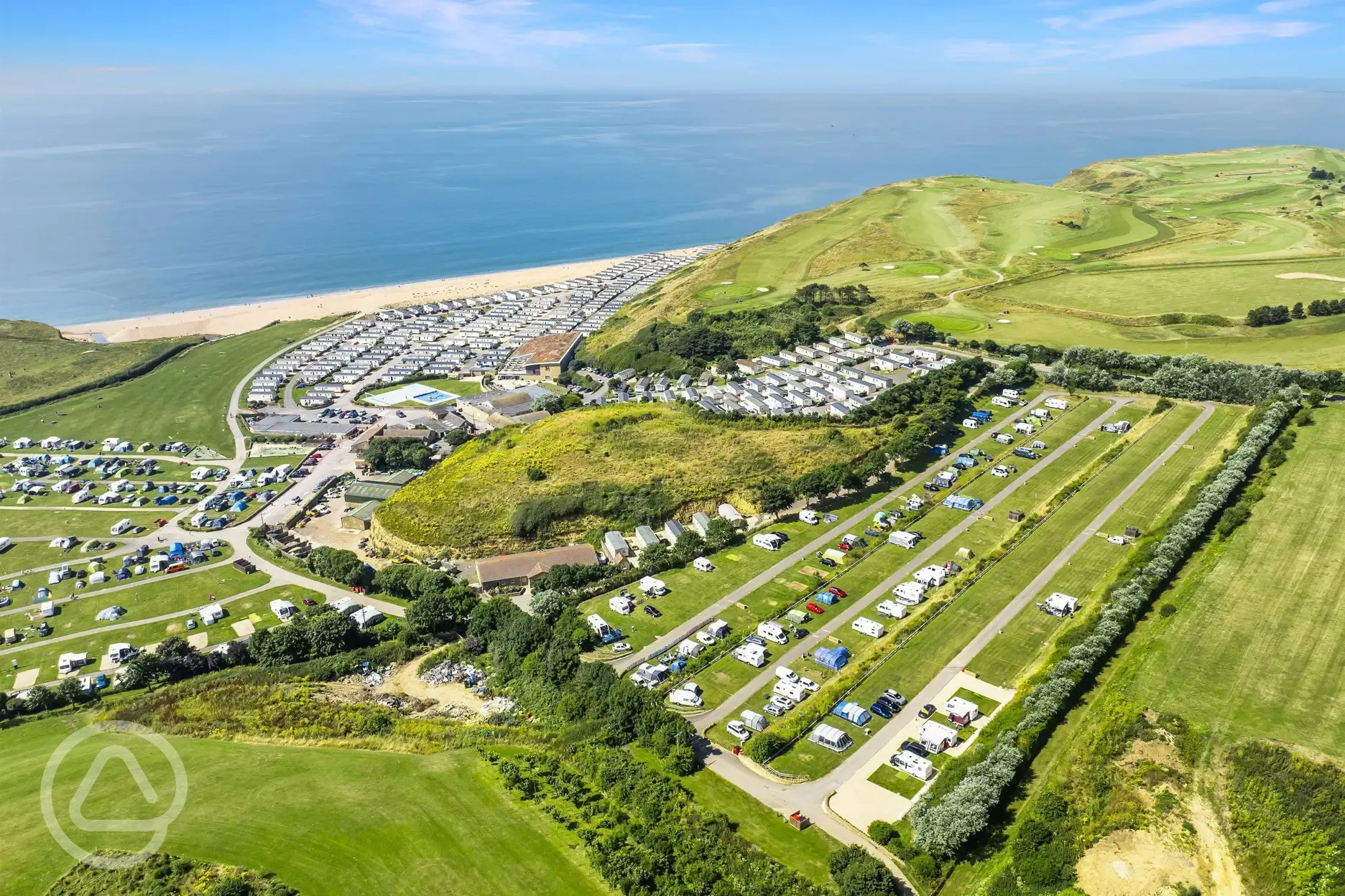 Aerial of Freshwater Beach, towards the Jurassic Coast with direct beach access