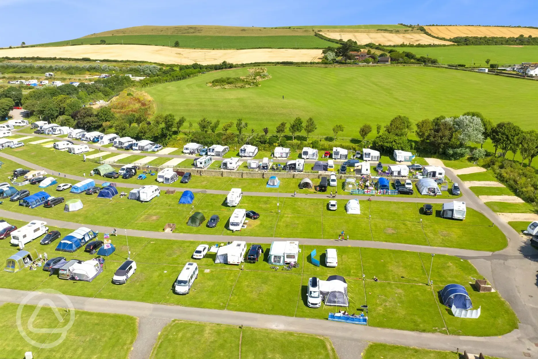 Aerial of the Main Field with electric grass and hardstanding pitches (16 amp)