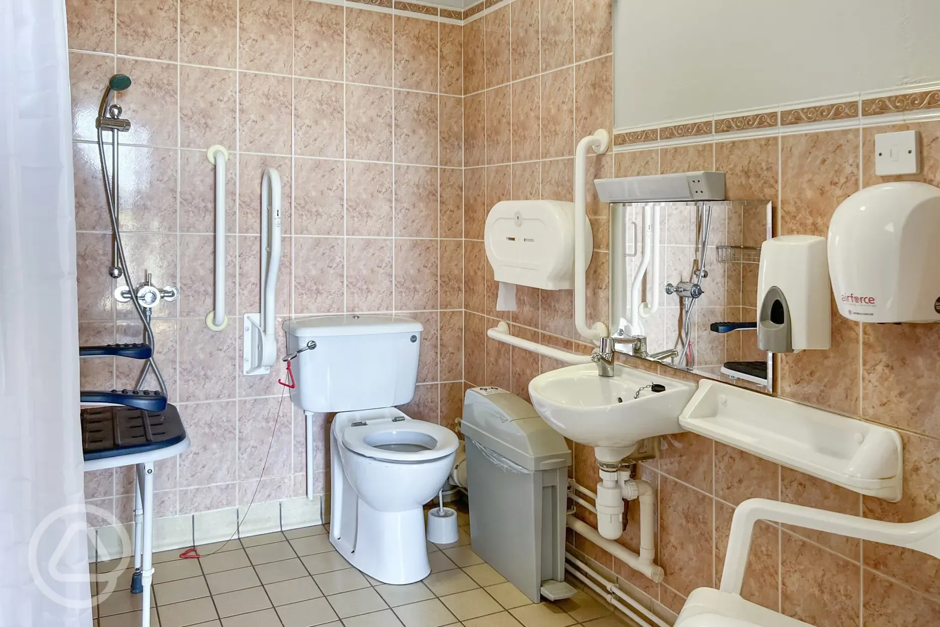 Accessible bathroom with toilet and shower with handrails