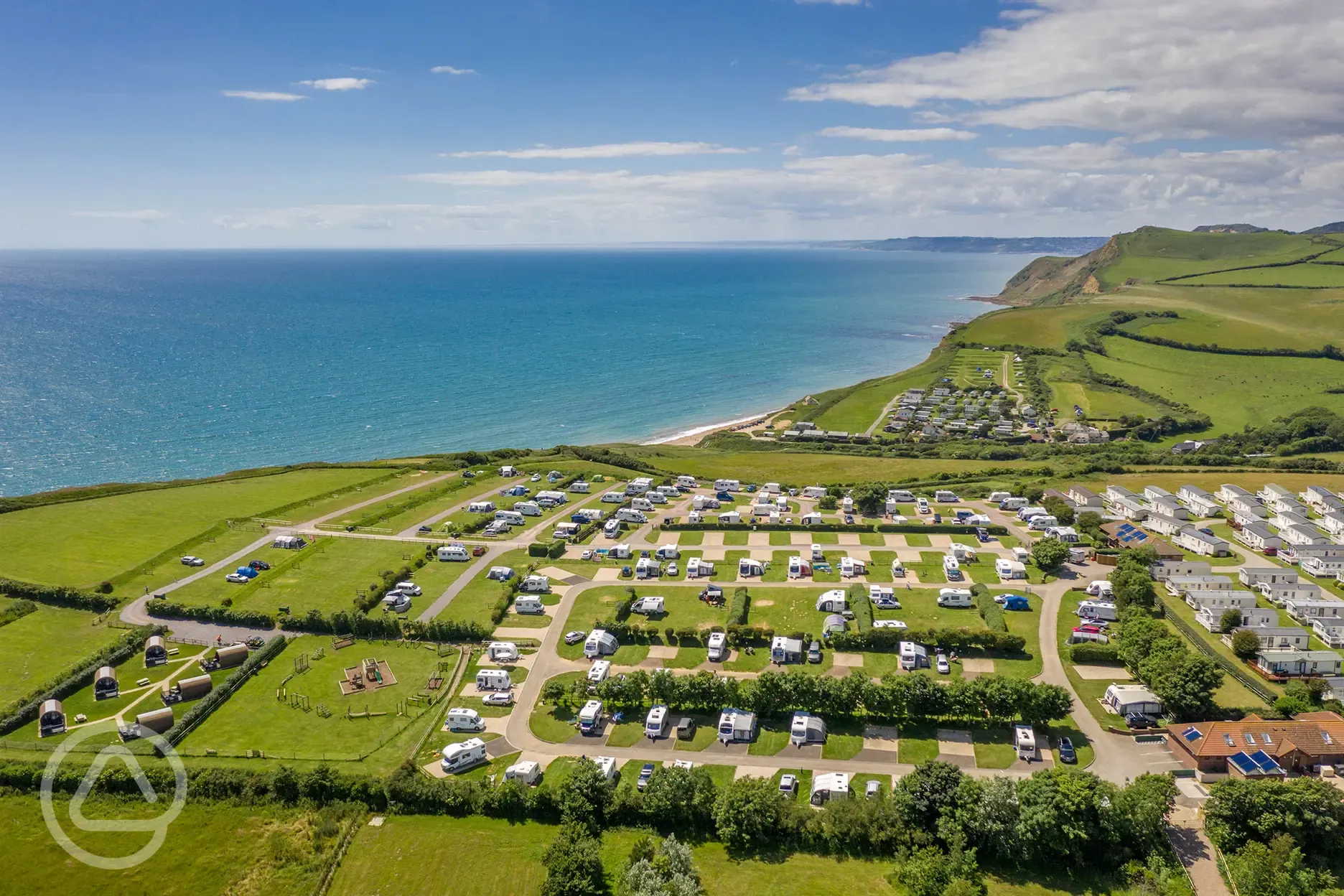 Aerial view of the campsite overlooking Eype Beach