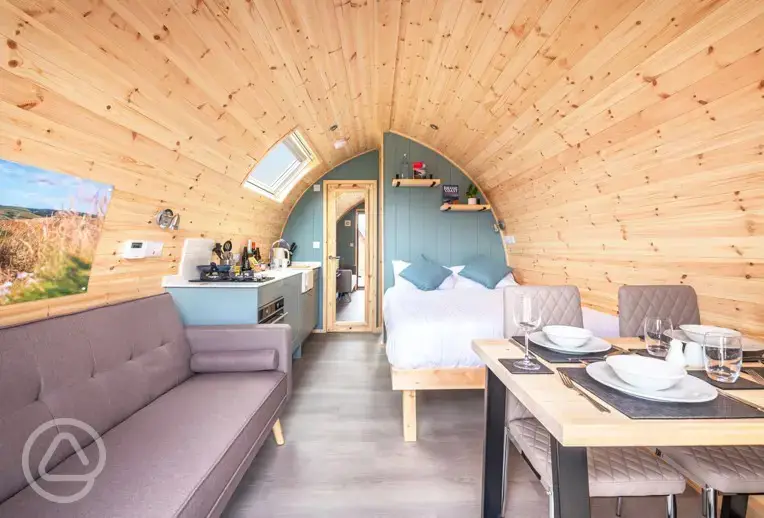 Large gold ensuite glamping pod, sleeping up to four with a luxury interior