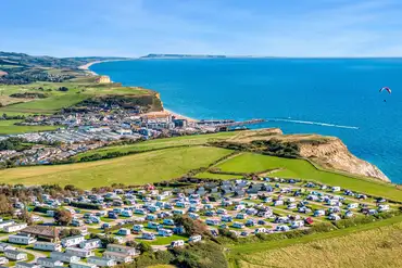 Aerial of Highlands End Holiday Park overlooking 99 miles of coastline