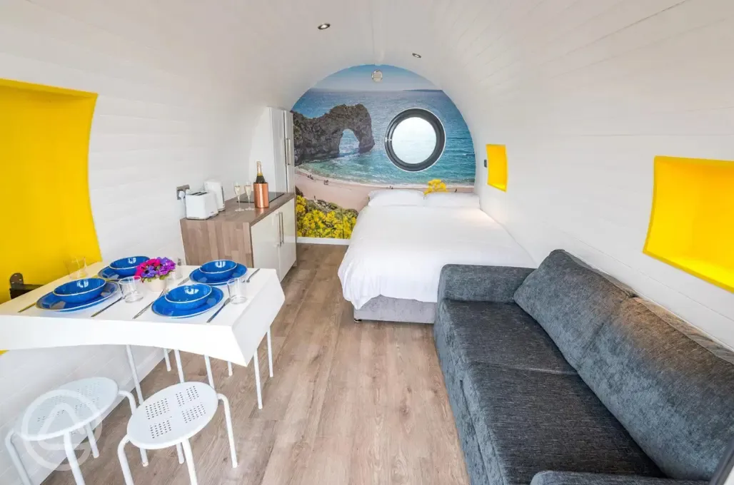 Silver glamping pod interior