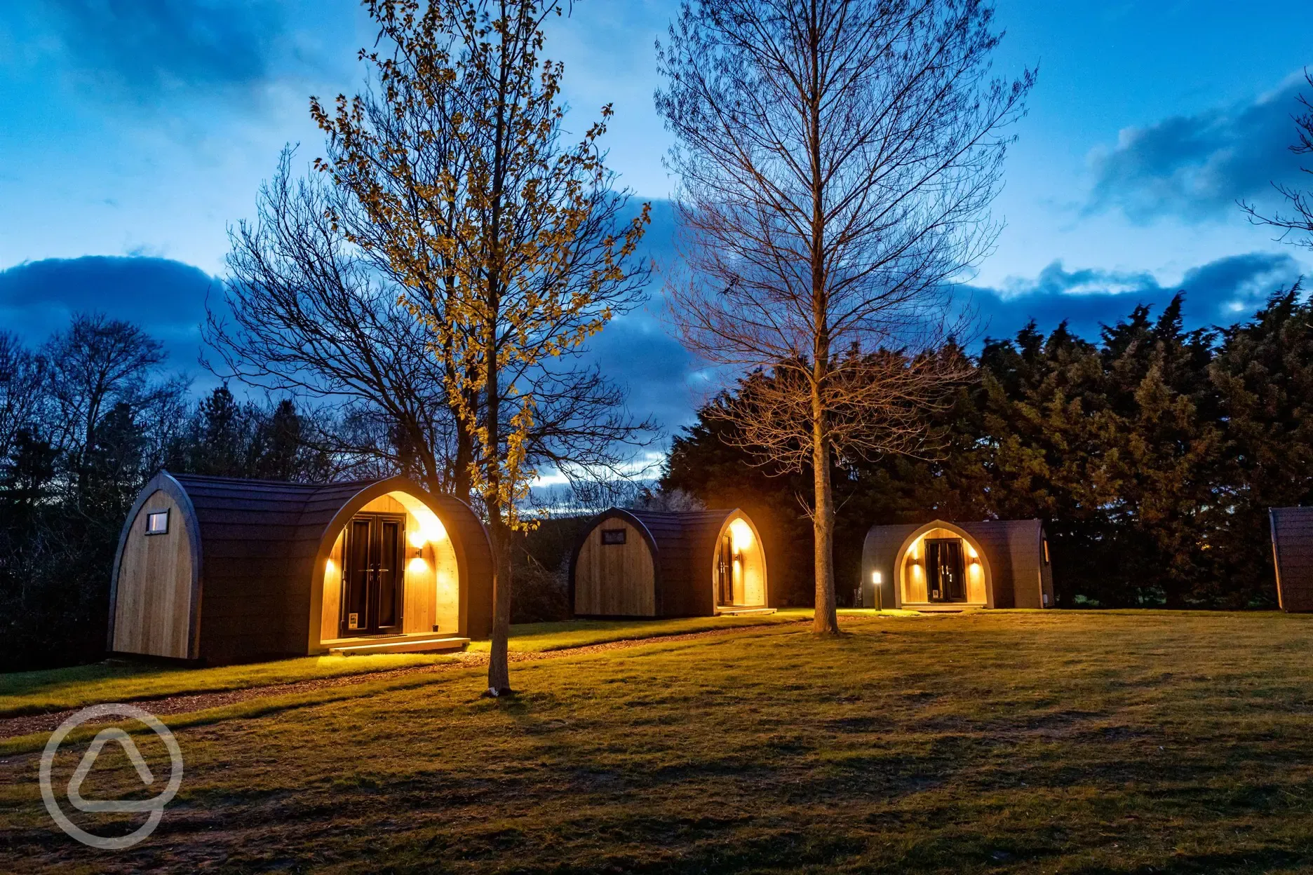 Camping pods at night