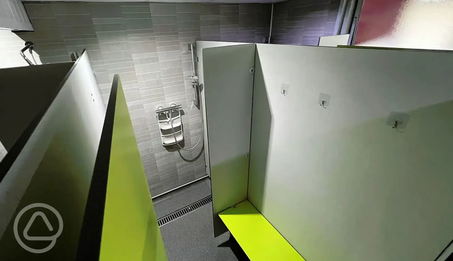 Showers, changing benches, and clothing hooks