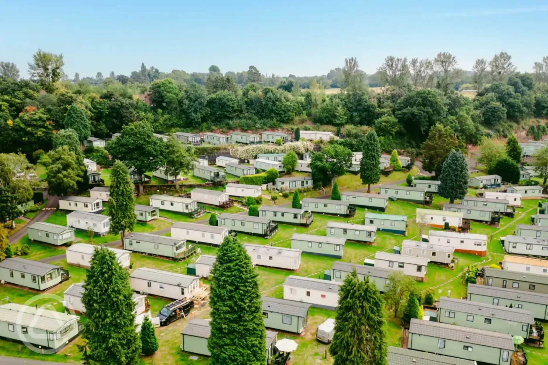 Aerial of the holiday homes at Lincomb Lock Caravan Park