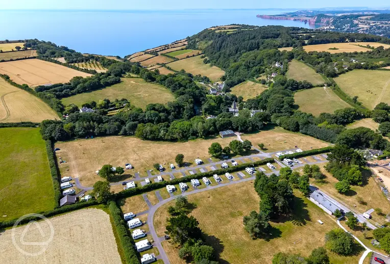 Aerial of Salcombe Regis Camping and Caravan Park towards the coast