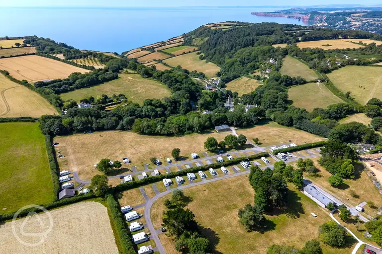 Aerial of Salcombe Regis Camping and Caravan Park towards the coast