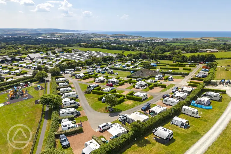 Aerial of Wooda Farm Holiday Park with views to Bude Bay
