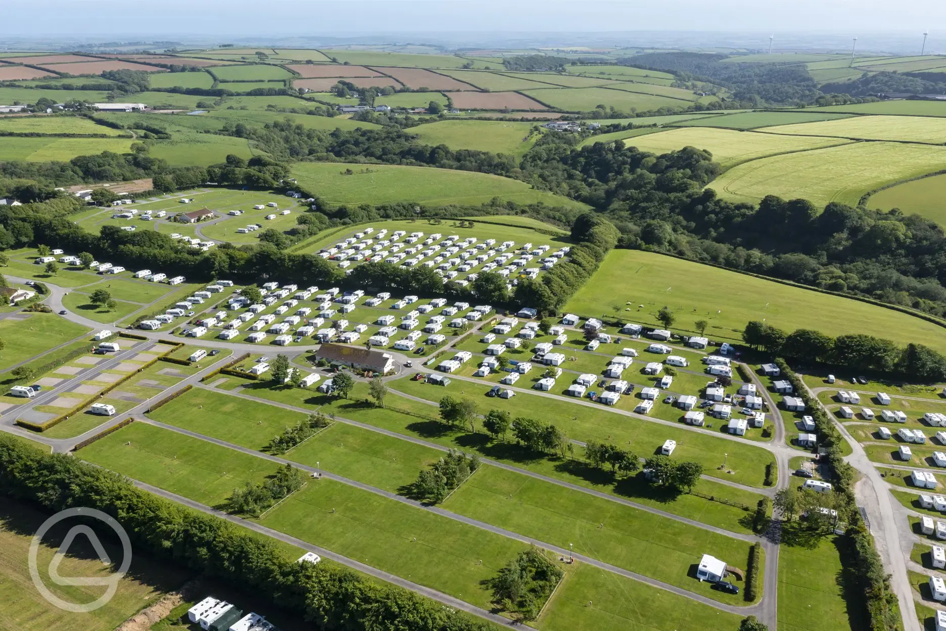 Aerial view of Stowford Farm Meadows with fields behind