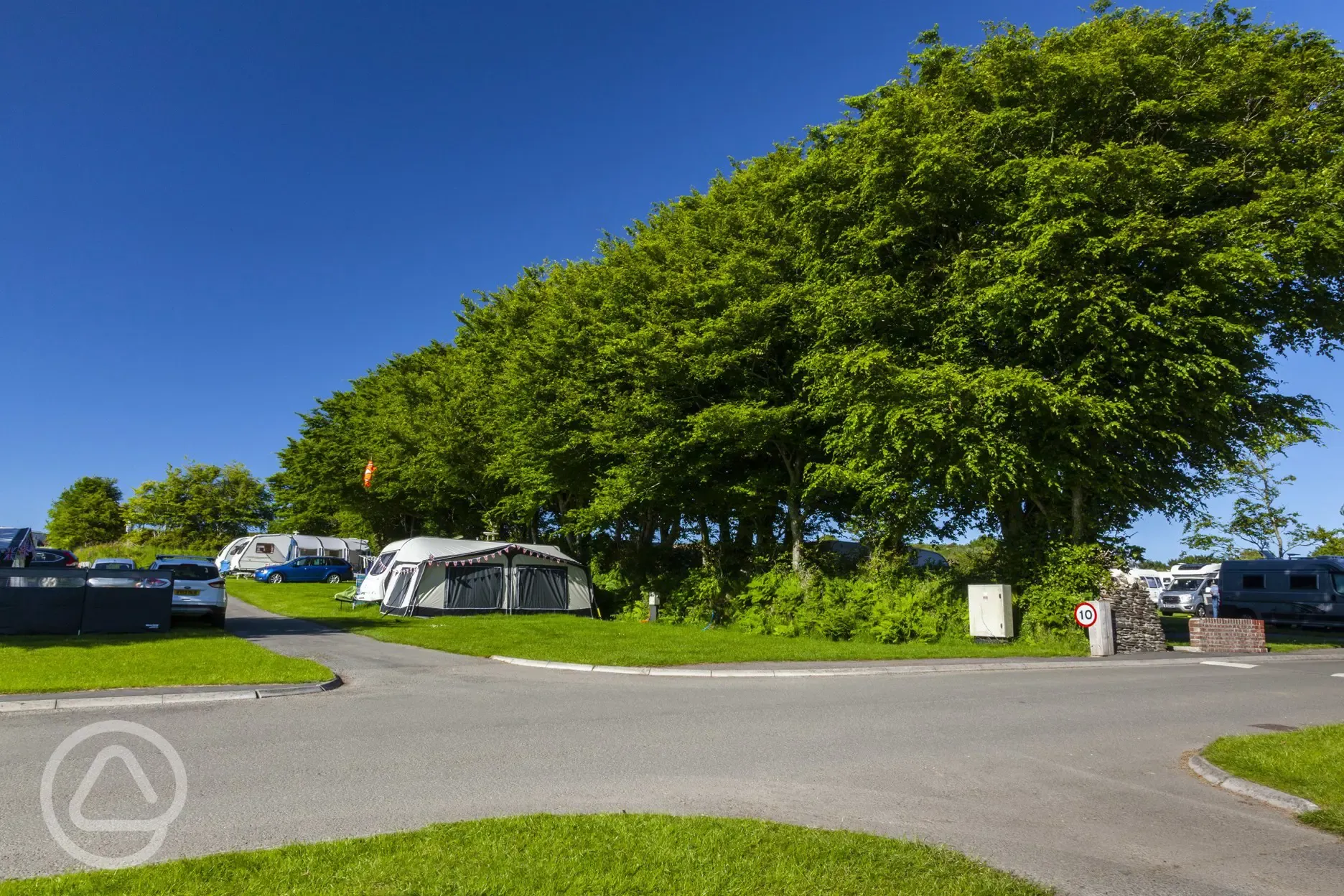 Electric hardstanding touring pitches surrounded by trees