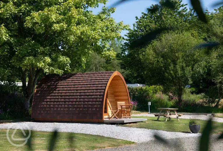 Camping pod with private decking area