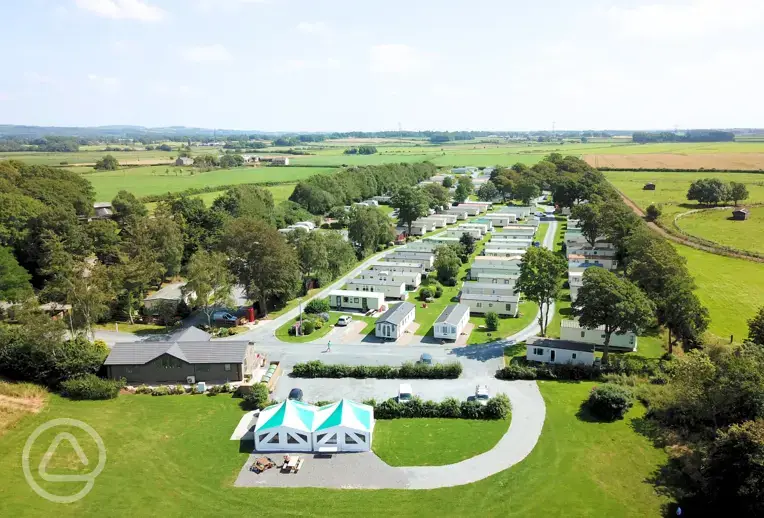 Aerial of Moss Wood Caravan Park and views across the countryside