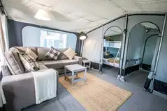 Isabella safari tent kitchen and living area with lighting