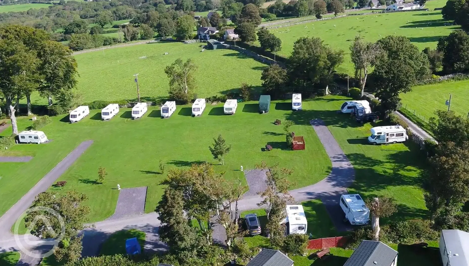 Aerial of Plas Gwyn with the grass and hardstanding pitches