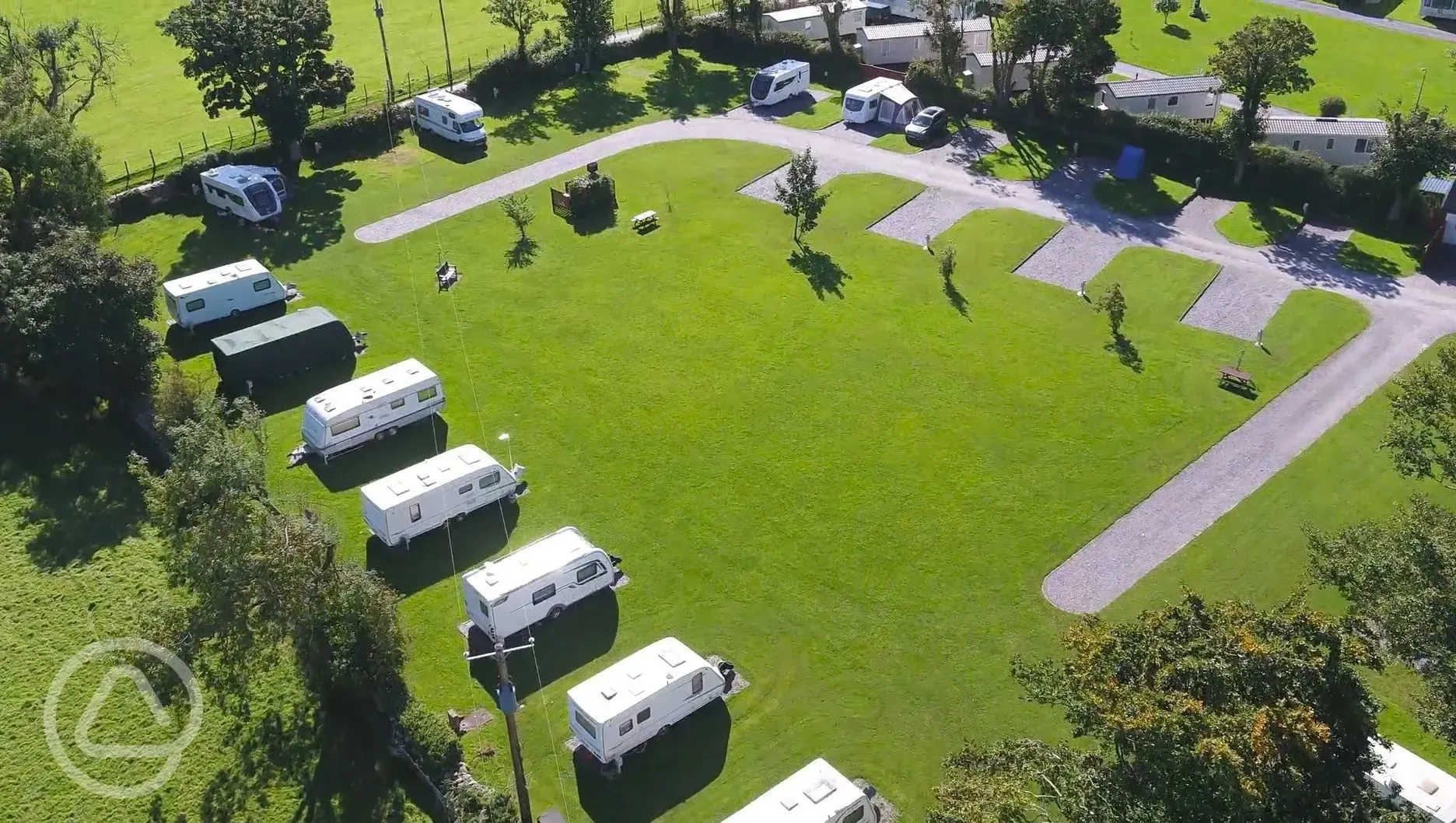 Aerial of Plas Gwyn with the grass and hardstanding pitches