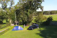 Aerial of the grass tent pitches at the edge of the campsite