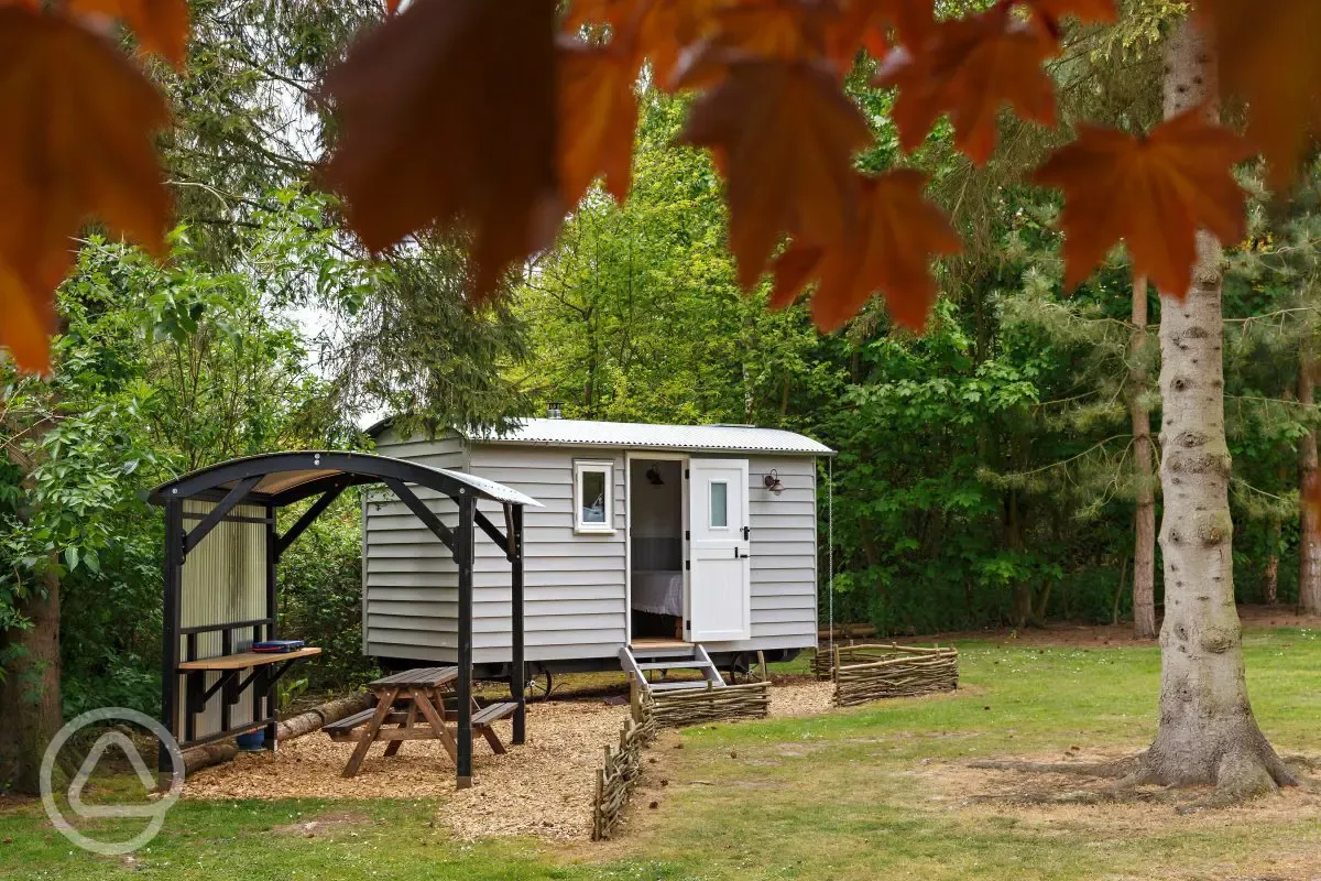 Tilly shepherd's hut with under shelter outdoor seating