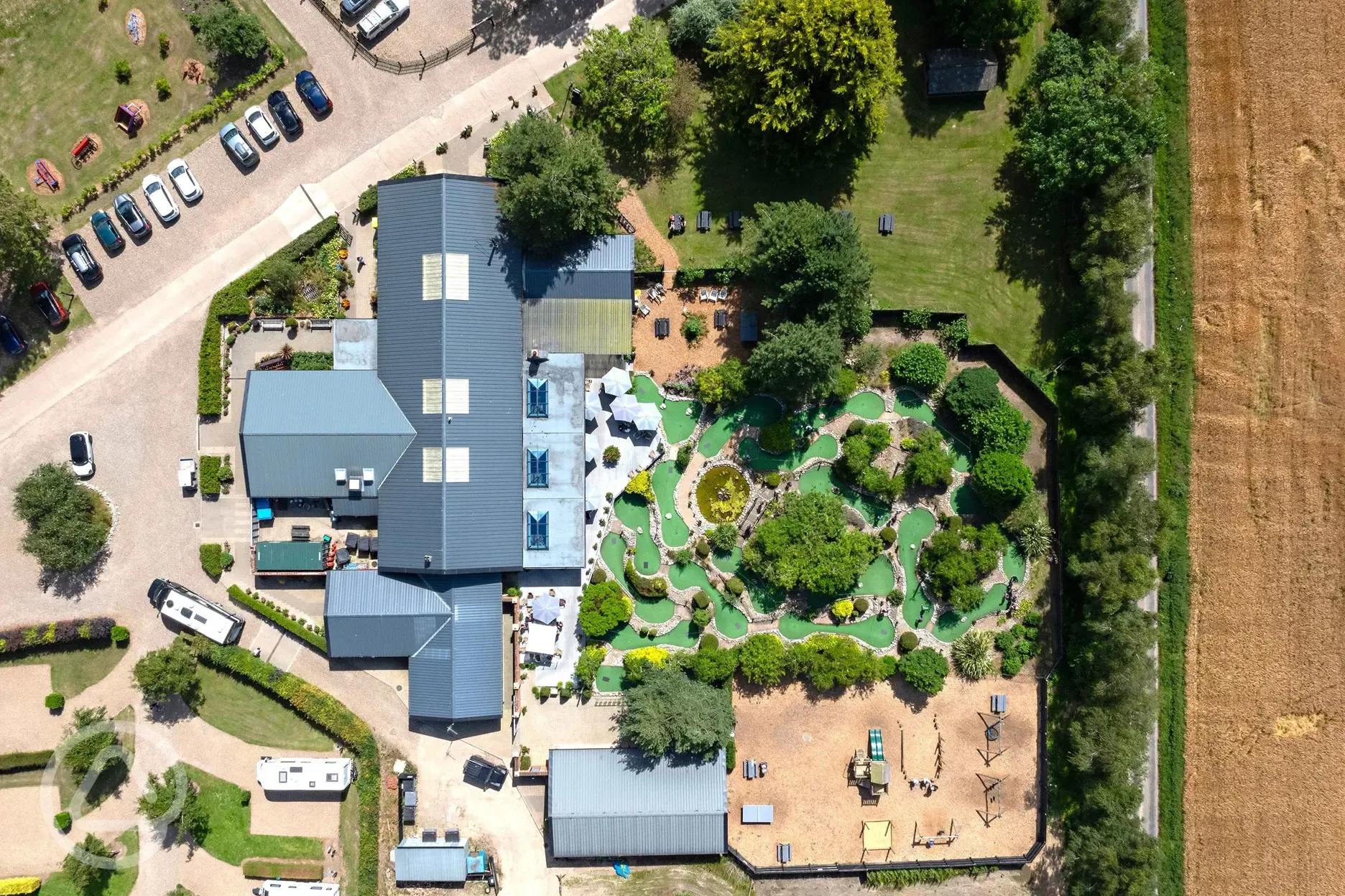 Aerial of basecamp and mini golf at Clippesby Hall