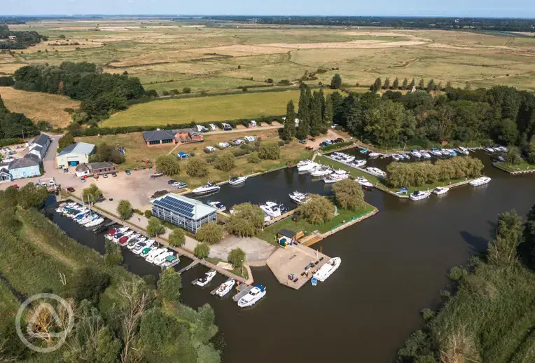 Aerial of the campsite and marina