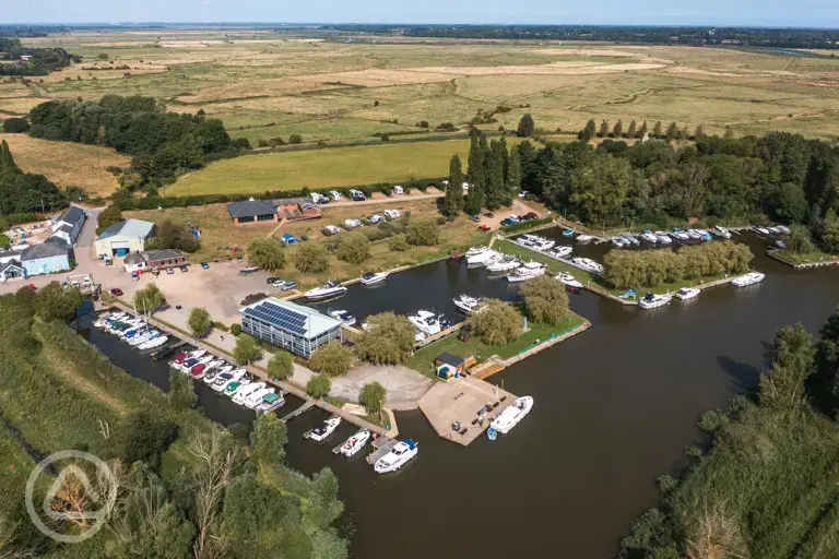 Aerial of the campsite and marina