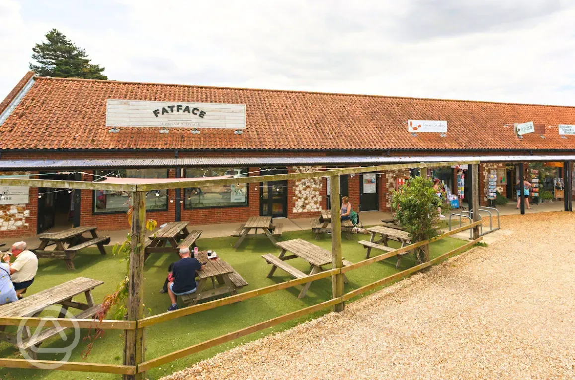 Cafe outdoor seating and shops