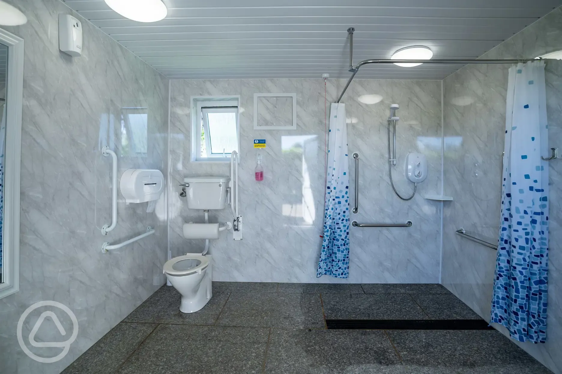 Accessible bathroom with grab rails and spacious shower