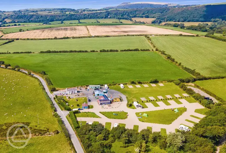 Aerial of Brynawelon Caravan and Camping Park and the surrounding countryside