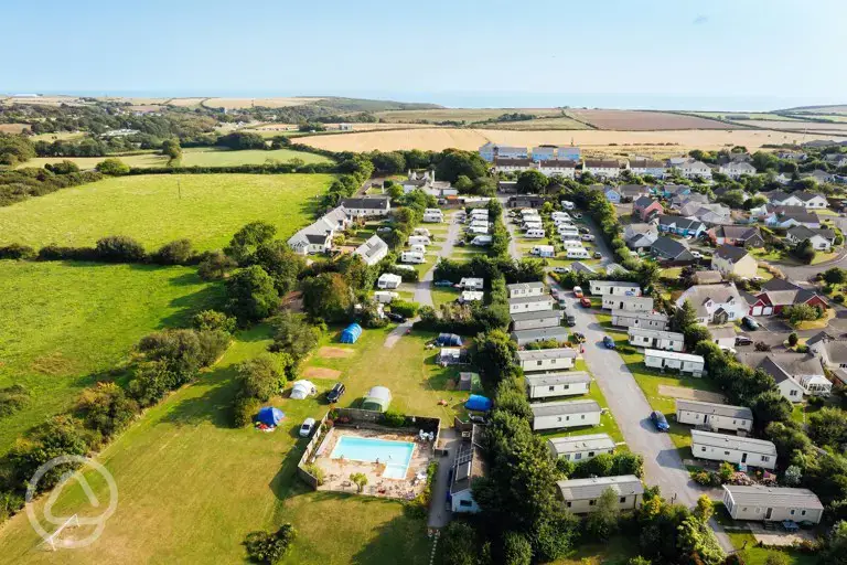 Aerial of the campsite towards the coast